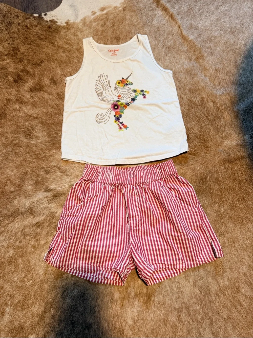 Cat & Jack White Unicorn Tank with Red & White Stripe Shorts
